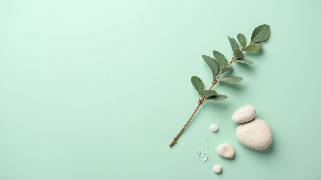 Calm botanical still life with eucalyptus and smooth stones in soft sage tones